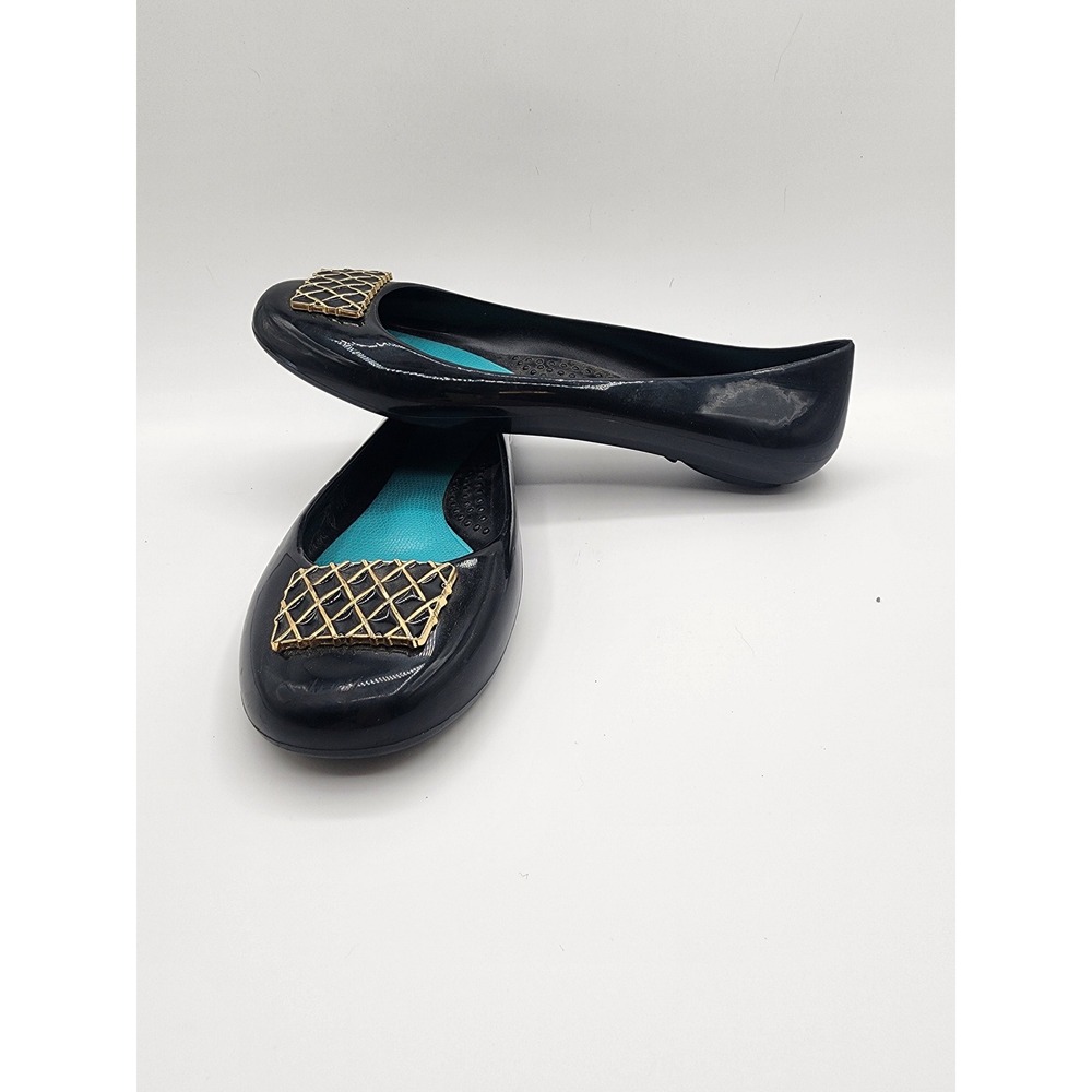 Oka-B Black Jelly Ballet Flats Gold Lattice Ornament Size 8